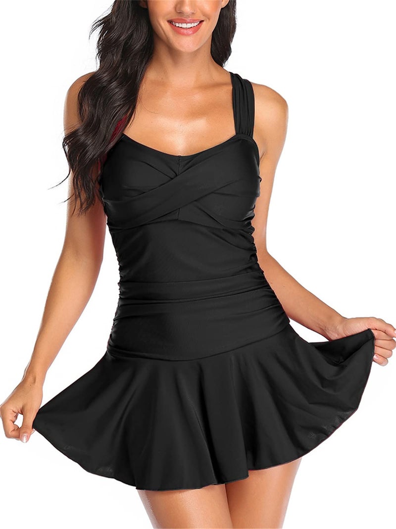 MiYang Women's Swimwear One Piece Slimming Skirt Tummy Control Swimdress Bathing Suit Solid Black X-Large (US 16-18) - Image 1
